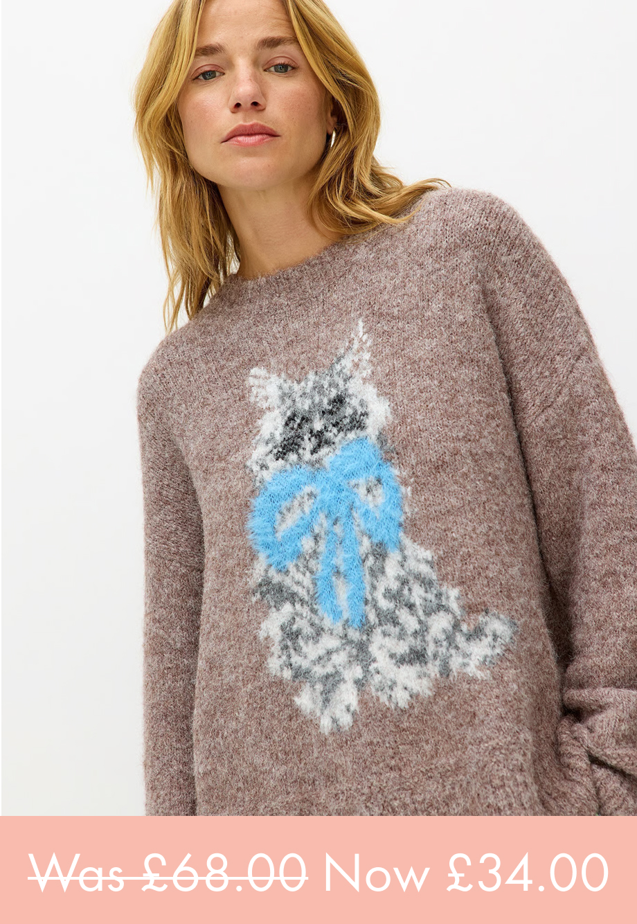 Mocha Brown Cuthbert Cat Crew Neck Knitted Jumper